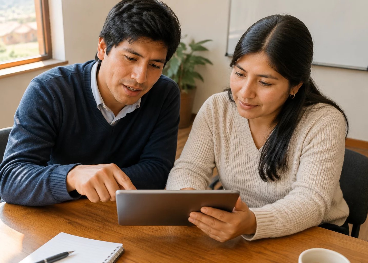 Dos personas inclinadas sobre una tablet con anotaciones
