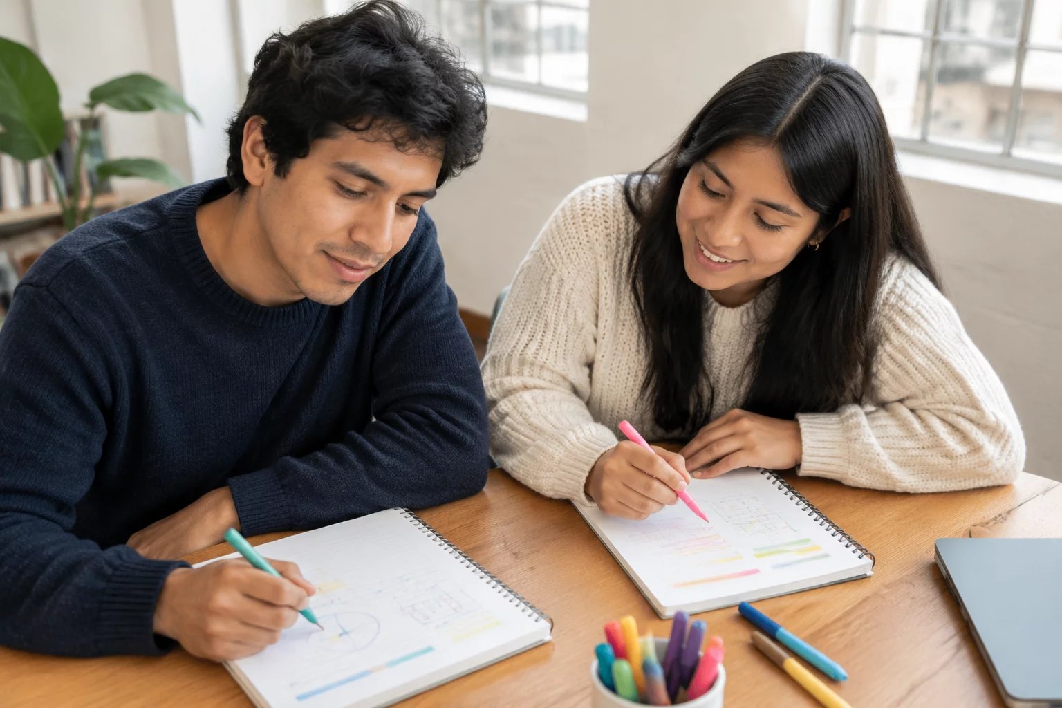 Dupla preparando su intervención con cuaderno y plumones