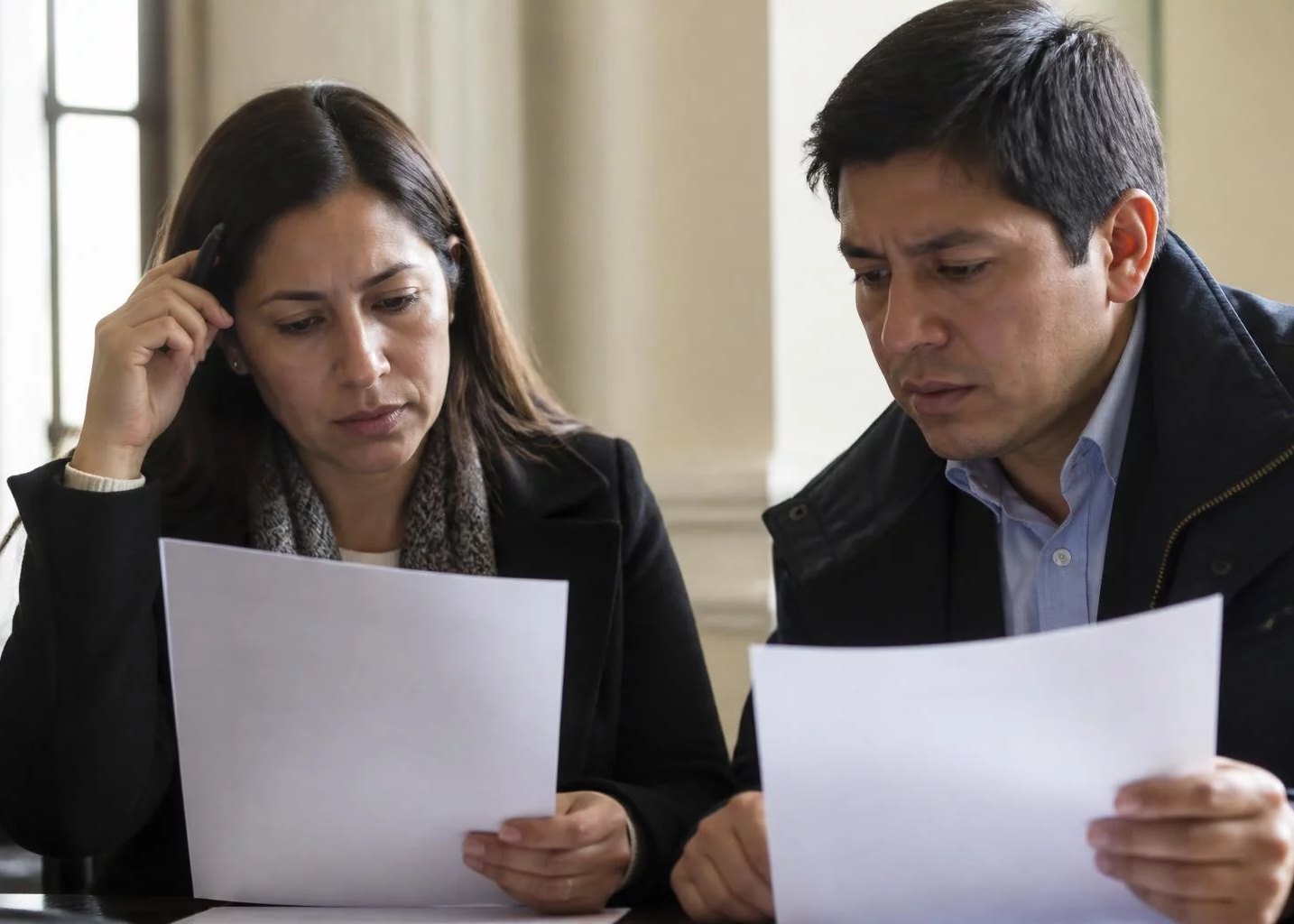 Dos asistentes leyendo juntos las hojas del caso
